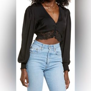 Open Edit Black Lace Trim Satin Blouse Size Large (12-14)  NWT